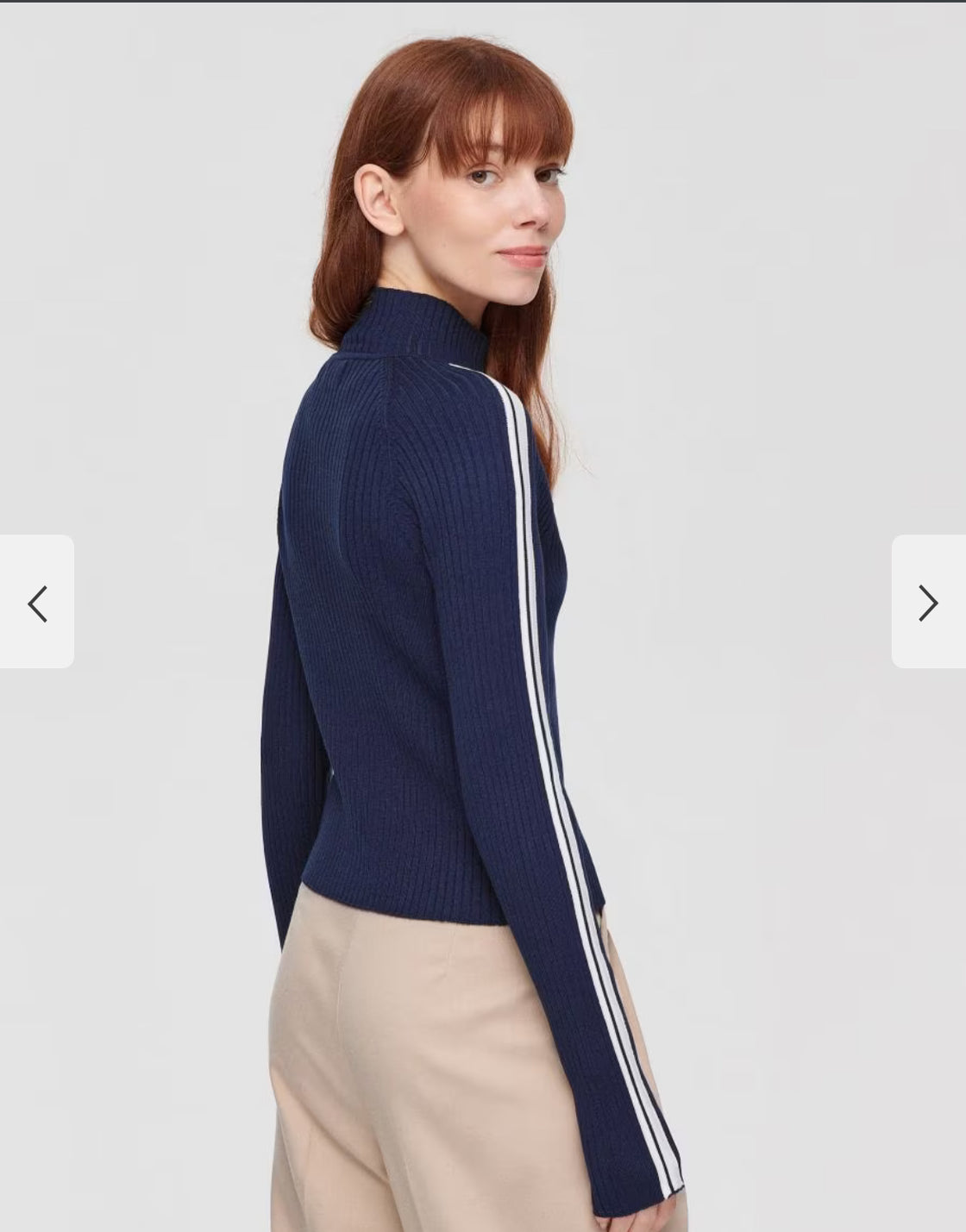 Navy blue cardigan with a stand-up collar