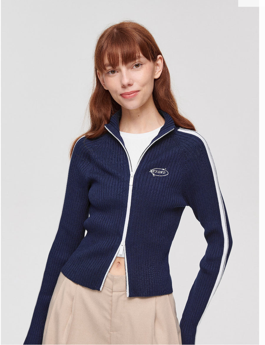 Navy blue cardigan with a stand-up collar